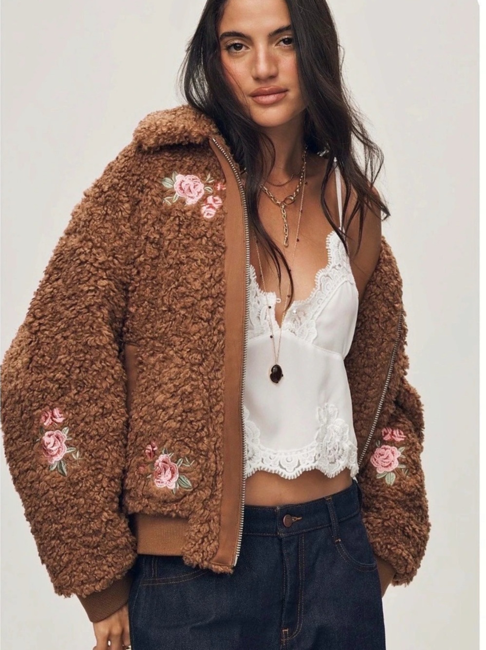 Anthropologie Floral Embroidered Sherpa Bomber Jacket NWT Size Small